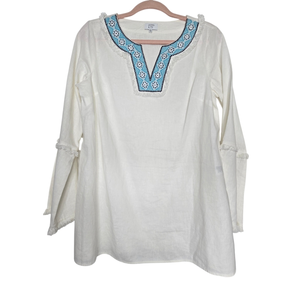 Crown and Ivy long sleeve white linen and cotton southwest decor tunic blouse